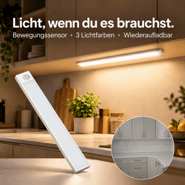 💡 clakryna® LED-Unterbauleuchte mit Bewegungsmelder – 3 Lichtfarben, kabellos & wiederaufladbar