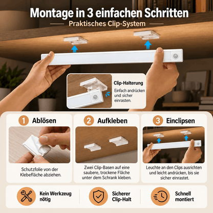 💡 clakryna® LED-Unterbauleuchte mit Bewegungsmelder – 3 Lichtfarben, kabellos & wiederaufladbar