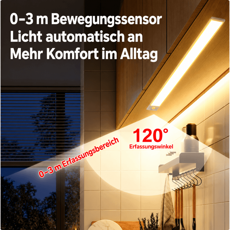 💡 clakryna® LED-Unterbauleuchte mit Bewegungsmelder – 3 Lichtfarben, kabellos & wiederaufladbar