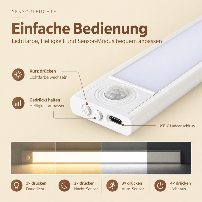 💡 clakryna® LED-Unterbauleuchte mit Bewegungsmelder – 3 Lichtfarben, kabellos & wiederaufladbar