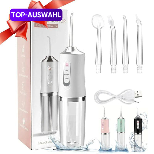 🧼Kabellose Munddusche für ein strahlendes Lächeln ✨-Tiefenreinigung für Zähne & Zahnfleisch | 3 Modi | IPX7 Wasserdicht | Inklusive 4 Aufsätzen