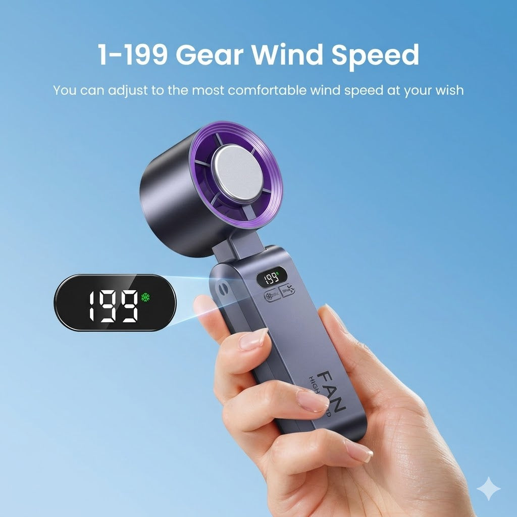 🫧Turbo Handventilator mit Eis-Kühlung, Tragbarer Mini Ventilator mit 12000mAh Akku & LED-Display (1-199 Stufen), Leiser USB Tischventilator für Büro, Reisen & Unterwegs