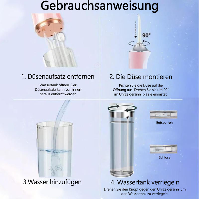 🧼Kabellose Munddusche für ein strahlendes Lächeln ✨-Tiefenreinigung für Zähne & Zahnfleisch | 3 Modi | IPX7 Wasserdicht | Inklusive 4 Aufsätzen