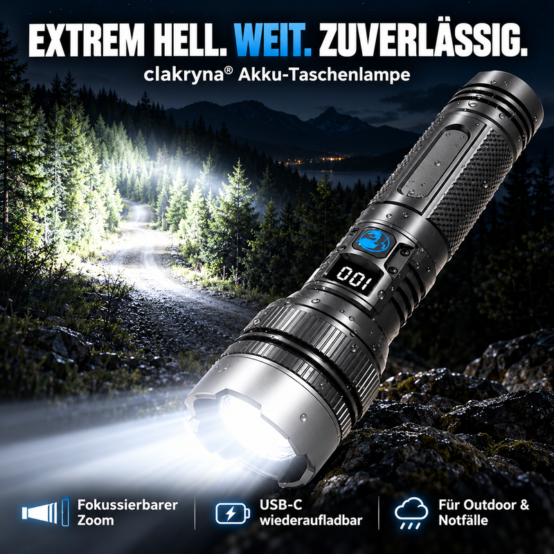 🔦 clakryna® Ultrahelle Akku-Taschenlampe – Starker Fernstrahl & Powerbank-Funktion