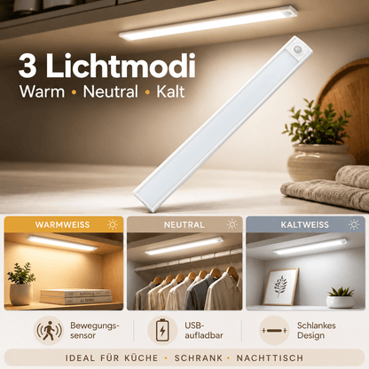 💡 clakryna® LED-Unterbauleuchte mit Bewegungsmelder – 3 Lichtfarben, kabellos & wiederaufladbar
