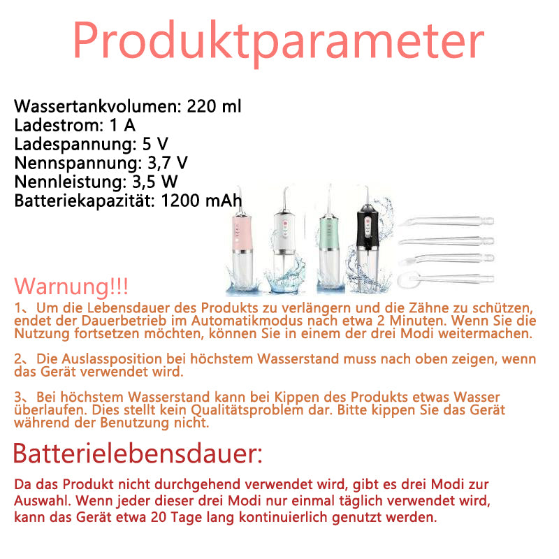 🧼Kabellose Munddusche für ein strahlendes Lächeln ✨-Tiefenreinigung für Zähne & Zahnfleisch | 3 Modi | IPX7 Wasserdicht | Inklusive 4 Aufsätzen